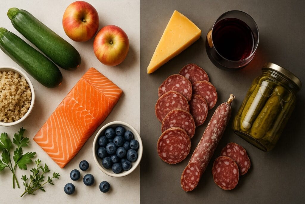 Low-histamine diet foods: salmon, blueberries, zucchini, apples, quinoa, cheese, salami, wine, and pickles.