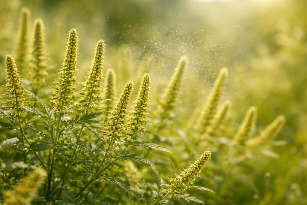 Ragweed plants releasing pollen, a common ragweed allergy trigger.