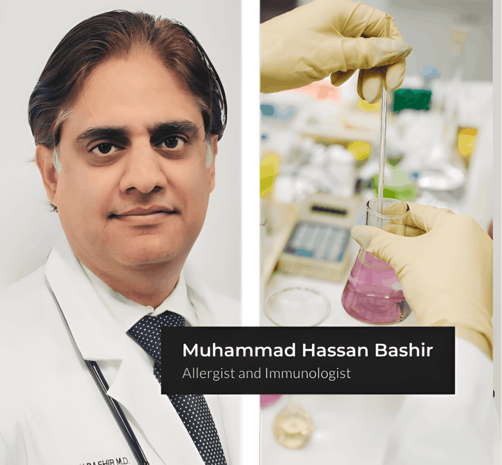 Dr. Muhammad Hassan Bashir, allergist and immunologist, in lab setting.