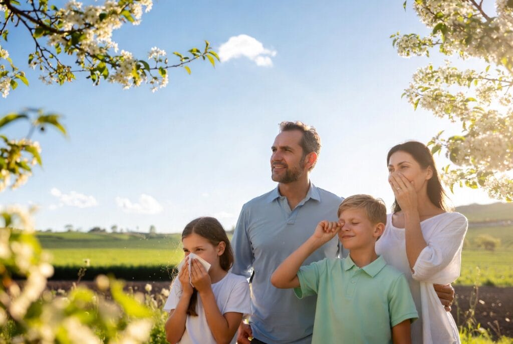 Family outdoors with spring allergies: sneezing, itchy eyes. Warm Weather Asthma and Sinus Tips.